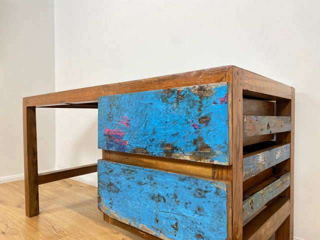 Boatwood by WMK # Einzigartiger Schreibtisch aus altem Bootsholz, ein handgefertigtes Unikat aus massivem Teakholz # blauer Arbeitstisch Sekretär Bürotisch Arbeitsplatz Computertisch Desk Bootsmöbel