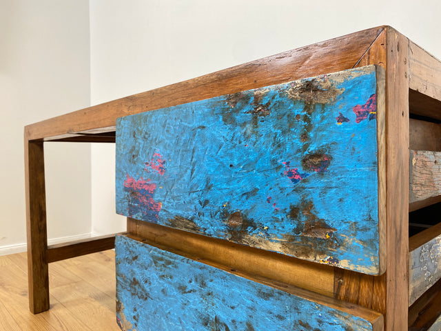 Boatwood by WMK # Einzigartiger Schreibtisch aus altem Bootsholz, ein handgefertigtes Unikat aus massivem Teakholz # blauer Arbeitstisch Sekretär Bürotisch Arbeitsplatz Computertisch Desk Bootsmöbel