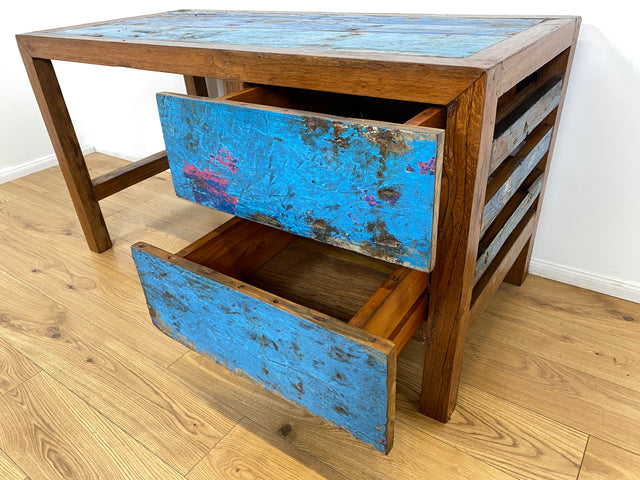 Boatwood by WMK # Einzigartiger Schreibtisch aus altem Bootsholz, ein handgefertigtes Unikat aus massivem Teakholz # blauer Arbeitstisch Sekretär Bürotisch Arbeitsplatz Computertisch Desk Bootsmöbel
