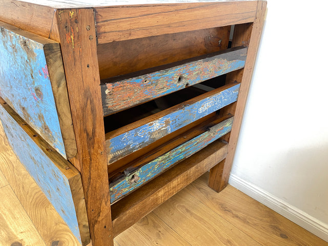 Boatwood by WMK # Einzigartiger Schreibtisch aus altem Bootsholz, ein handgefertigtes Unikat aus massivem Teakholz # blauer Arbeitstisch Sekretär Bürotisch Arbeitsplatz Computertisch Desk Bootsmöbel