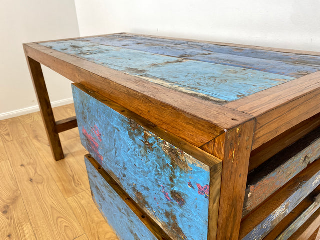 Boatwood by WMK # Einzigartiger Schreibtisch aus altem Bootsholz, ein handgefertigtes Unikat aus massivem Teakholz # blauer Arbeitstisch Sekretär Bürotisch Arbeitsplatz Computertisch Desk Bootsmöbel
