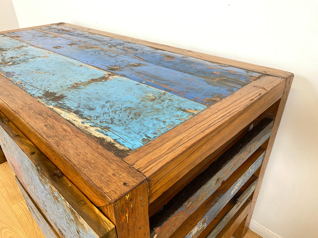 Boatwood by WMK # Einzigartiger Schreibtisch aus altem Bootsholz, ein handgefertigtes Unikat aus massivem Teakholz # blauer Arbeitstisch Sekretär Bürotisch Arbeitsplatz Computertisch Desk Bootsmöbel