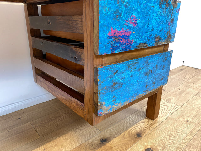 Boatwood by WMK # Einzigartiger Schreibtisch aus altem Bootsholz, ein handgefertigtes Unikat aus massivem Teakholz # blauer Arbeitstisch Sekretär Bürotisch Arbeitsplatz Computertisch Desk Bootsmöbel