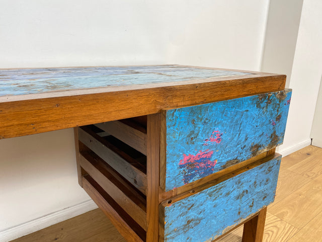 Boatwood by WMK # Einzigartiger Schreibtisch aus altem Bootsholz, ein handgefertigtes Unikat aus massivem Teakholz # blauer Arbeitstisch Sekretär Bürotisch Arbeitsplatz Computertisch Desk Bootsmöbel