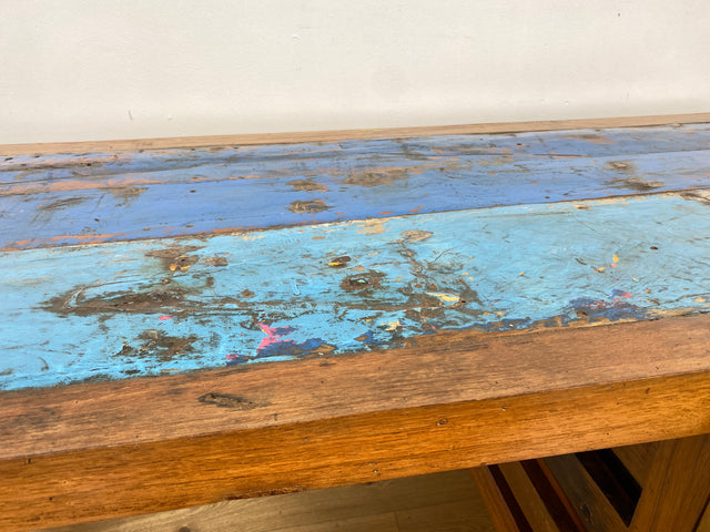 Boatwood by WMK # Einzigartiger Schreibtisch aus altem Bootsholz, ein handgefertigtes Unikat aus massivem Teakholz # blauer Arbeitstisch Sekretär Bürotisch Arbeitsplatz Computertisch Desk Bootsmöbel