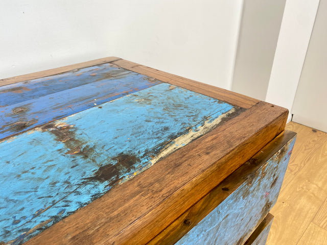 Boatwood by WMK # Einzigartiger Schreibtisch aus altem Bootsholz, ein handgefertigtes Unikat aus massivem Teakholz # blauer Arbeitstisch Sekretär Bürotisch Arbeitsplatz Computertisch Desk Bootsmöbel