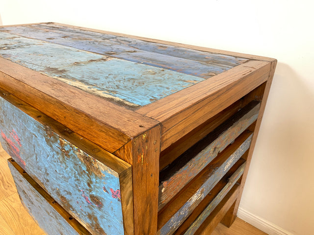 Boatwood by WMK # Einzigartiger Schreibtisch aus altem Bootsholz, ein handgefertigtes Unikat aus massivem Teakholz # blauer Arbeitstisch Sekretär Bürotisch Arbeitsplatz Computertisch Desk Bootsmöbel
