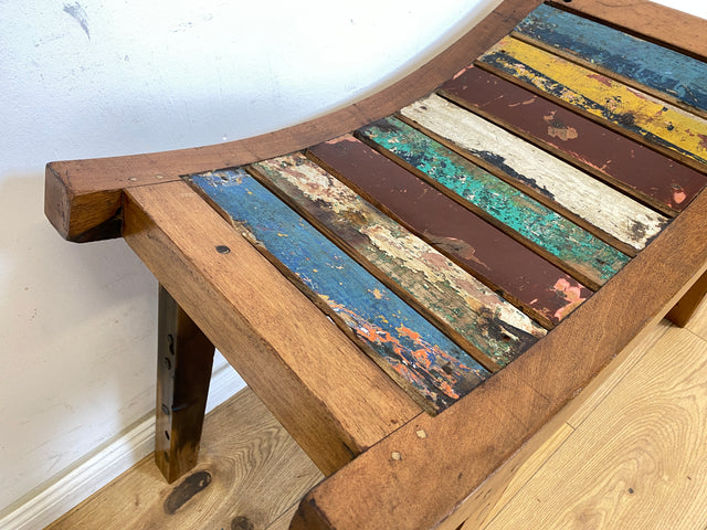 Boatwood by WMK # Formschöner und sehr robuster Hocker aus altem Bootsholz, ein handgefertigtes Unikat aus massivem Teakholz # Sitzhocker Fußhocker Schemel Taburett Sitz Holzhocker Stuhl Bootsmöbel Treibholz Teak