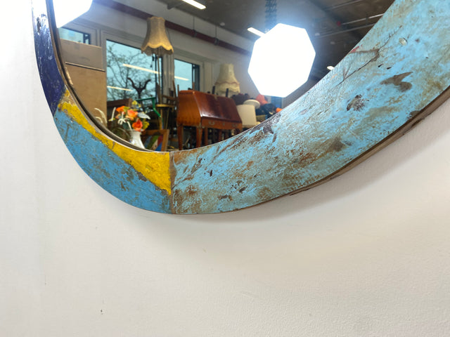 Boatwood by WMK # Großer runder Wandspiegel aus altem Bootsholz, ein handgefertigtes Unikat aus Teakholz in Originalfarben der Boote # bunter Spiegel Badspiegel Flurspiegel Kunstwerk Art Bootsmöbel