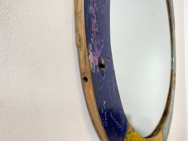 Boatwood by WMK # Großer runder Wandspiegel aus altem Bootsholz, ein handgefertigtes Unikat aus Teakholz in Originalfarben der Boote # bunter Spiegel Badspiegel Flurspiegel Kunstwerk Art Bootsmöbel