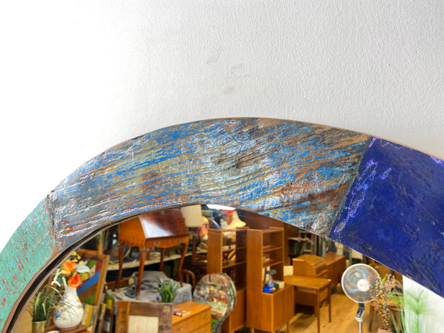 Boatwood by WMK # Großer runder Wandspiegel aus altem Bootsholz, ein handgefertigtes Unikat aus Teakholz in Originalfarben der Boote # bunter Spiegel Badspiegel Flurspiegel Kunstwerk Art Bootsmöbel