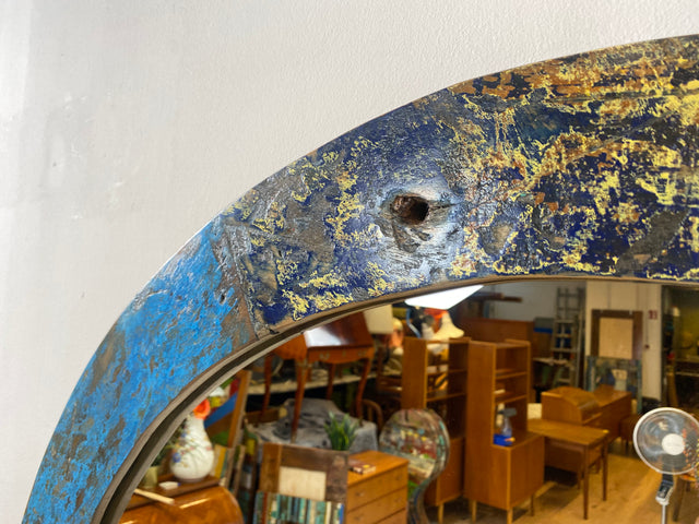 Boatwood by WMK # Großer runder Wandspiegel aus altem Bootsholz, ein handgefertigtes Unikat aus Teakholz in Originalfarben der Boote # bunter Spiegel Flurspiegel Badspiegel Kunstwerk Art Bootsmöbel