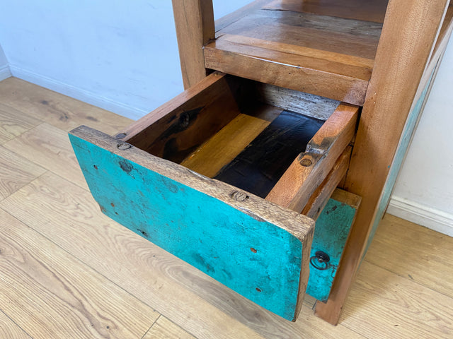 Boatwood by WMK I Meeresblauer großer Nachttisch handgefertigt aus altem Bootsholz I Teakholz massiv I Nachtkommode Nachtschrank Nachtschränkchen Kommode Beistelltisch Ablage I Berlin Köln Hannover