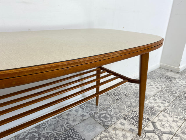 WMK Stilvoller und seltener Mid-Century Couchtisch mit wandelbarer Oberfläche aus Holz oder Resopal und praktischer Zeitungsablage # Wohnzimmertisch Tisch Coffee Table Salontisch 50er 60er Vintage