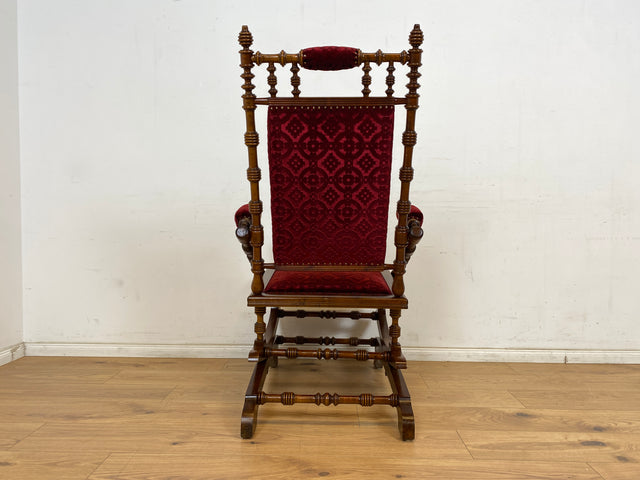 WMK Wunderschöner und gut erhaltener skandinavischer antiker Schaukelstuhl mit bodenschonender Federwippung und grandiosem rotem Brokatbezug # Stuhl Sessel Lesesessel Lesestuhl Rocking Chair Vintage