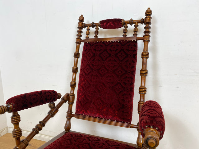 WMK Wunderschöner und gut erhaltener skandinavischer antiker Schaukelstuhl mit bodenschonender Federwippung und grandiosem rotem Brokatbezug # Stuhl Sessel Lesesessel Lesestuhl Rocking Chair Vintage