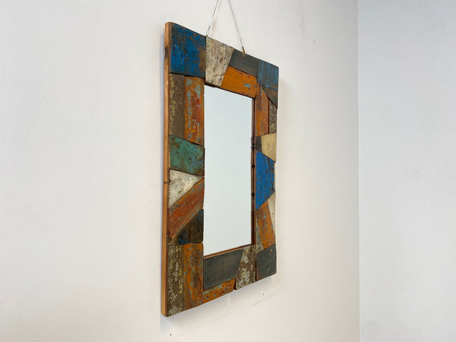 Boatwood by WMK # Besonderer 60x60 Wandspiegel aus altem Bootsholz, ein handgefertigtes Unikat in Originalfarben der Boote # bunter Spiegel Flurspiegel Holzrahmen Badspiegel Art Mirror Bootsmöbel