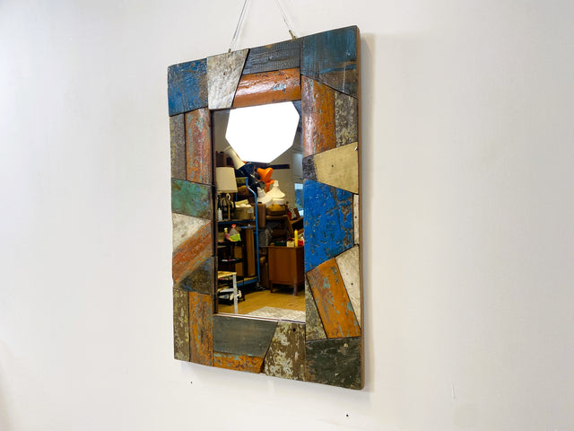 Boatwood by WMK # Besonderer 60x60 Wandspiegel aus altem Bootsholz, ein handgefertigtes Unikat in Originalfarben der Boote # bunter Spiegel Flurspiegel Holzrahmen Badspiegel Art Mirror Bootsmöbel