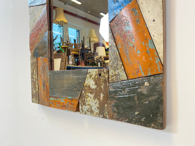 Boatwood by WMK # Besonderer 60x60 Wandspiegel aus altem Bootsholz, ein handgefertigtes Unikat in Originalfarben der Boote # bunter Spiegel Flurspiegel Holzrahmen Badspiegel Art Mirror Bootsmöbel