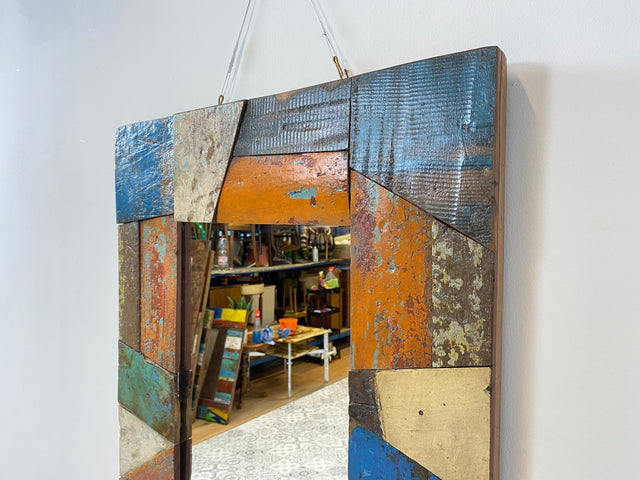 Boatwood by WMK # Besonderer 60x60 Wandspiegel aus altem Bootsholz, ein handgefertigtes Unikat in Originalfarben der Boote # bunter Spiegel Flurspiegel Holzrahmen Badspiegel Art Mirror Bootsmöbel