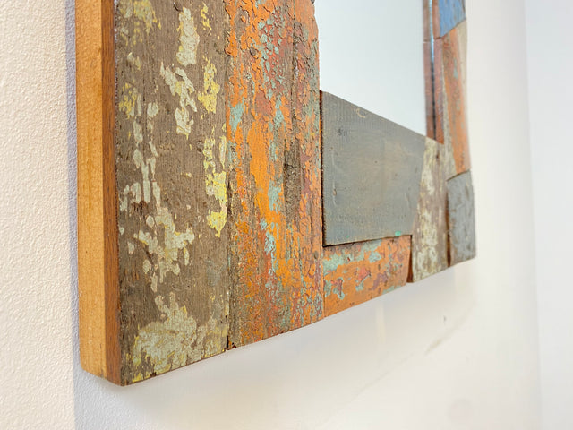 Boatwood by WMK # Besonderer 60x60 Wandspiegel aus altem Bootsholz, ein handgefertigtes Unikat in Originalfarben der Boote # bunter Spiegel Flurspiegel Holzrahmen Badspiegel Art Mirror Bootsmöbel