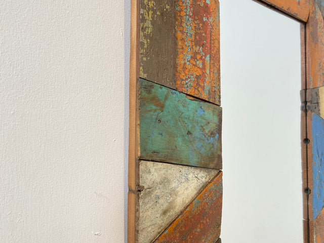 Boatwood by WMK # Besonderer 60x60 Wandspiegel aus altem Bootsholz, ein handgefertigtes Unikat in Originalfarben der Boote # bunter Spiegel Flurspiegel Holzrahmen Badspiegel Art Mirror Bootsmöbel