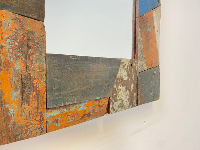 Boatwood by WMK # Besonderer 60x60 Wandspiegel aus altem Bootsholz, ein handgefertigtes Unikat in Originalfarben der Boote # bunter Spiegel Flurspiegel Holzrahmen Badspiegel Art Mirror Bootsmöbel