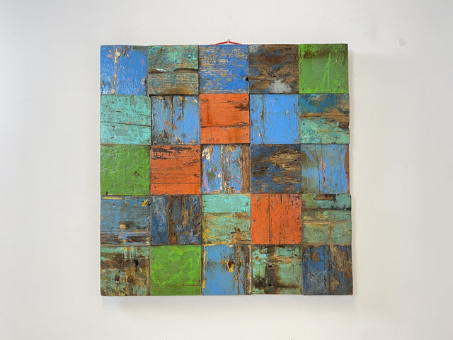 Boatwood by WMK # Großes Patchwork Wandbild 100x100cm, ein handgefertigtes Unikat aus recyceltem Bootsholz # Holzbild buntes Wandpaneel Bild Kunstwerk Design Loft Wanddekoration Mosaik Wanddeko Deko