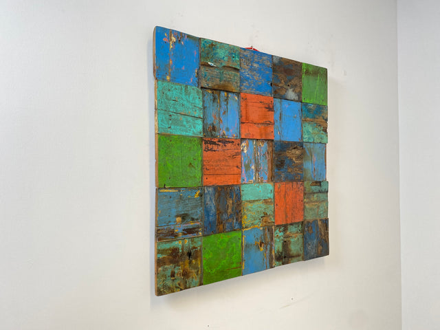 Boatwood by WMK # Großes Patchwork Wandbild 100x100cm, ein handgefertigtes Unikat aus recyceltem Bootsholz # Holzbild buntes Wandpaneel Bild Kunstwerk Design Loft Wanddekoration Mosaik Wanddeko Deko