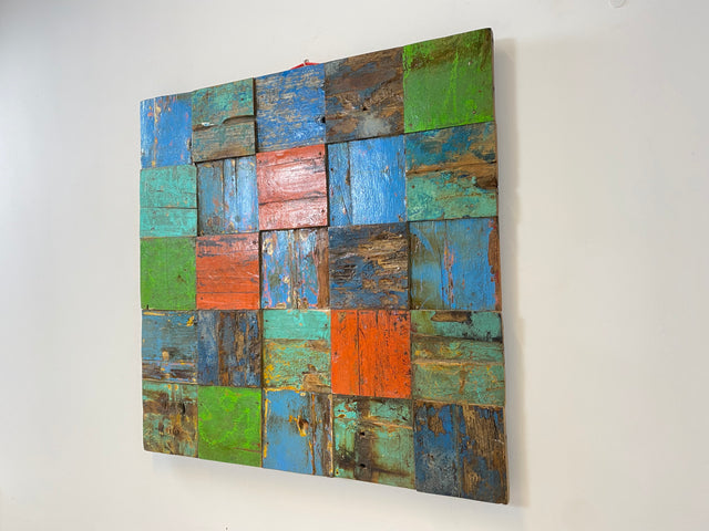 Boatwood by WMK # Großes Patchwork Wandbild 100x100cm, ein handgefertigtes Unikat aus recyceltem Bootsholz # Holzbild buntes Wandpaneel Bild Kunstwerk Design Loft Wanddekoration Mosaik Wanddeko Deko