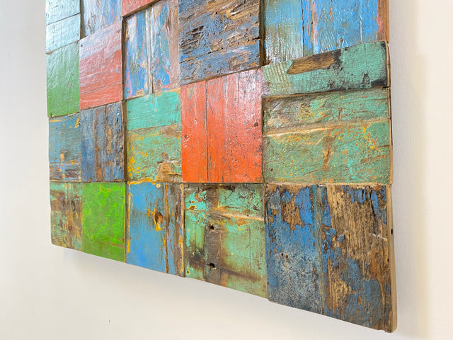 Boatwood by WMK # Großes Patchwork Wandbild 100x100cm, ein handgefertigtes Unikat aus recyceltem Bootsholz # Holzbild buntes Wandpaneel Bild Kunstwerk Design Loft Wanddekoration Mosaik Wanddeko Deko