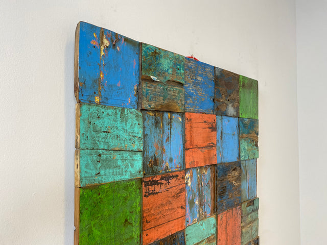 Boatwood by WMK # Großes Patchwork Wandbild 100x100cm, ein handgefertigtes Unikat aus recyceltem Bootsholz # Holzbild buntes Wandpaneel Bild Kunstwerk Design Loft Wanddekoration Mosaik Wanddeko Deko
