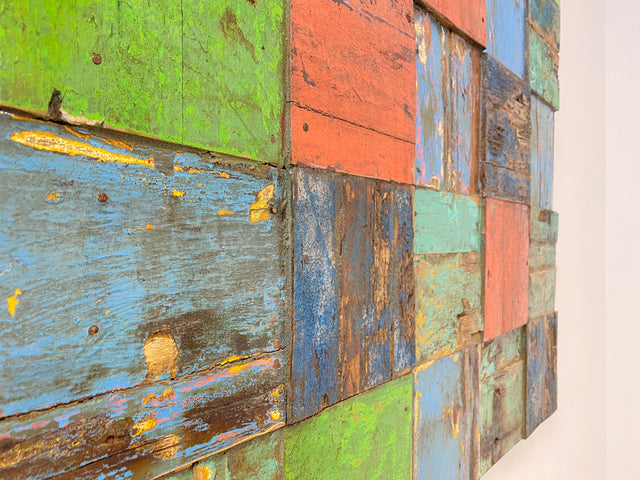 Boatwood by WMK # Großes Patchwork Wandbild 100x100cm, ein handgefertigtes Unikat aus recyceltem Bootsholz # Holzbild buntes Wandpaneel Bild Kunstwerk Design Loft Wanddekoration Mosaik Wanddeko Deko