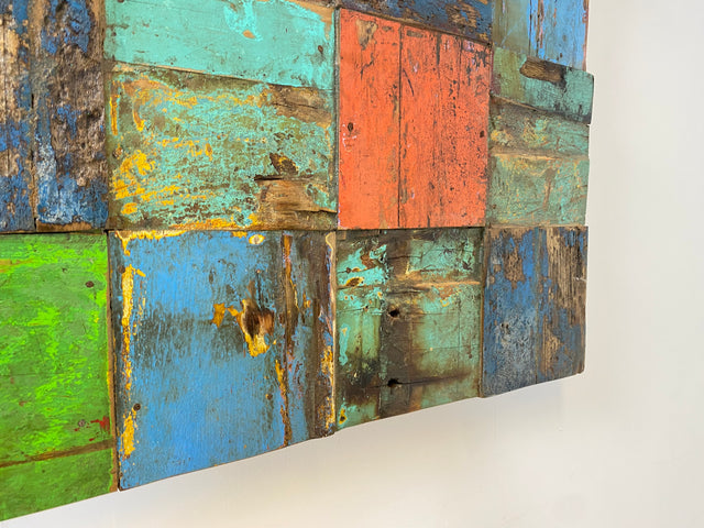 Boatwood by WMK # Großes Patchwork Wandbild 100x100cm, ein handgefertigtes Unikat aus recyceltem Bootsholz # Holzbild buntes Wandpaneel Bild Kunstwerk Design Loft Wanddekoration Mosaik Wanddeko Deko