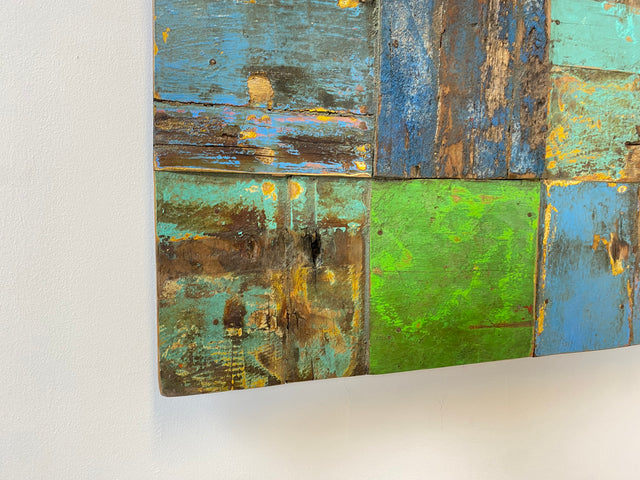 Boatwood by WMK # Großes Patchwork Wandbild 100x100cm, ein handgefertigtes Unikat aus recyceltem Bootsholz # Holzbild buntes Wandpaneel Bild Kunstwerk Design Loft Wanddekoration Mosaik Wanddeko Deko