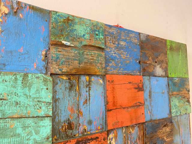 Boatwood by WMK # Großes Patchwork Wandbild 100x100cm, ein handgefertigtes Unikat aus recyceltem Bootsholz # Holzbild buntes Wandpaneel Bild Kunstwerk Design Loft Wanddekoration Mosaik Wanddeko Deko