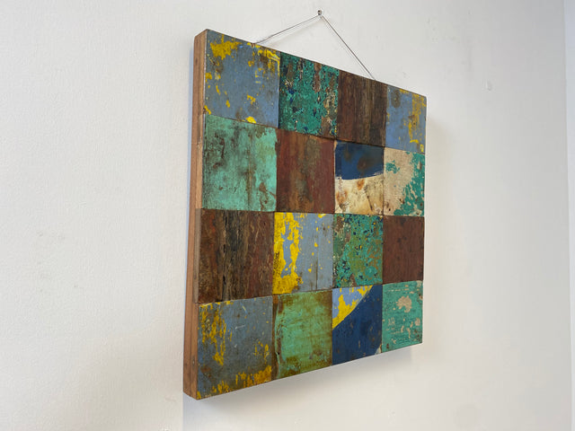 Boatwood by WMK # Großes Patchwork Wandbild 60x60cm, ein handgefertigtes Unikat aus recyceltem Bootsholz # buntes Bild Holzbild Wandpaneel Kunstwerk Design Loft Wanddekoration Mosaik Wanddeko Deko