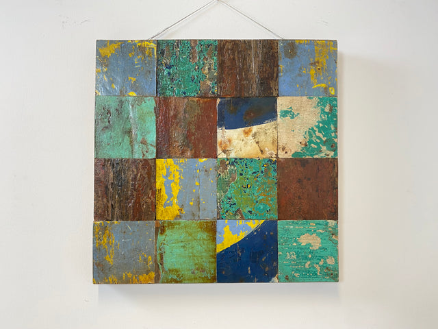 Boatwood by WMK # Großes Patchwork Wandbild 60x60cm, ein handgefertigtes Unikat aus recyceltem Bootsholz # buntes Bild Holzbild Wandpaneel Kunstwerk Design Loft Wanddekoration Mosaik Wanddeko Deko