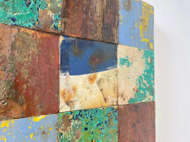Boatwood by WMK # Großes Patchwork Wandbild 60x60cm, ein handgefertigtes Unikat aus recyceltem Bootsholz # buntes Bild Holzbild Wandpaneel Kunstwerk Design Loft Wanddekoration Mosaik Wanddeko Deko