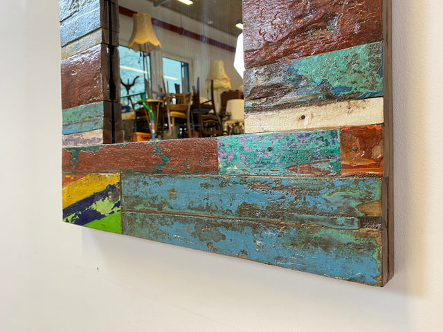 Boatwood by WMK # Farbenfroher 60x90 Wandspiegel aus altem Bootsholz, ein handgefertigtes Unikat in Originalfarben der Boote # bunter Spiegel Flurspiegel Holzrahmen Badspiegel Mirror Art Bootsmöbel