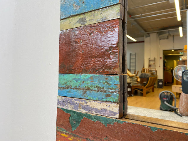 Boatwood by WMK # Farbenfroher 60x90 Wandspiegel aus altem Bootsholz, ein handgefertigtes Unikat in Originalfarben der Boote # bunter Spiegel Flurspiegel Holzrahmen Badspiegel Mirror Art Bootsmöbel