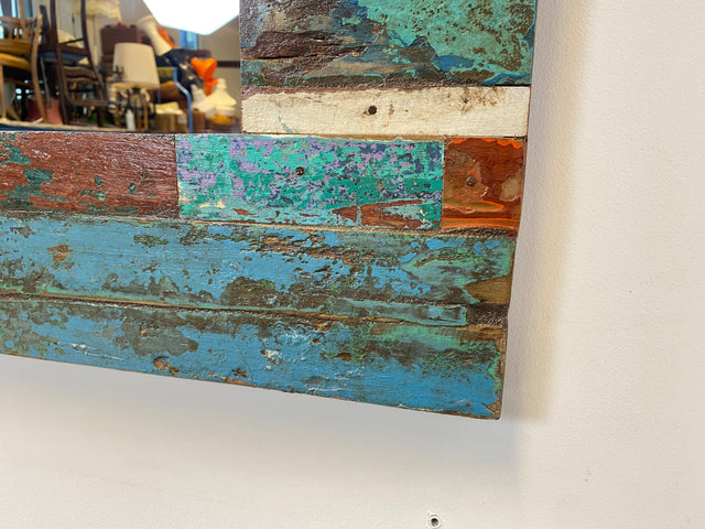 Boatwood by WMK # Farbenfroher 60x90 Wandspiegel aus altem Bootsholz, ein handgefertigtes Unikat in Originalfarben der Boote # bunter Spiegel Flurspiegel Holzrahmen Badspiegel Mirror Art Bootsmöbel