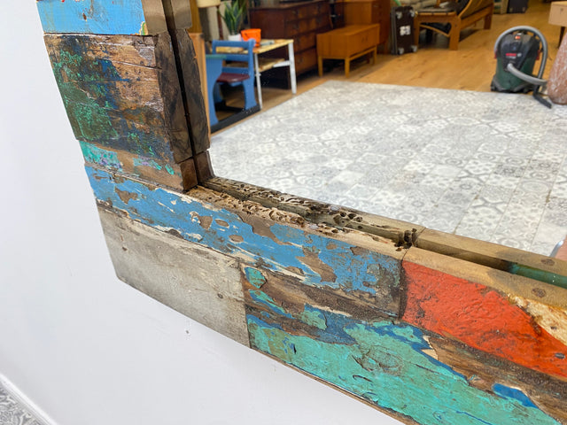 Boatwood by WMK # Farbenfroher Wandspiegel 60x90 aus altem Bootsholz, ein handgefertigtes Unikat aus Teakholz in Originalfarben der Boote # bunter Spiegel Flurspiegel Badspiegel Mirror Art Bootsmöbel