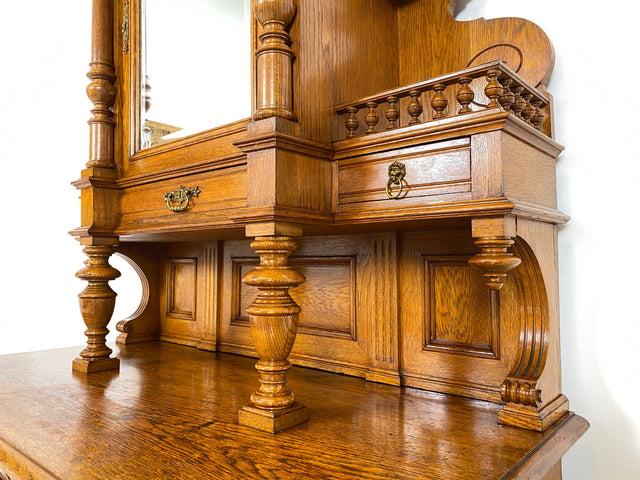 WMK Prachtvoller und gut erhaltener antiker Büffetschrank aus massivem Eichenholz mit prunkvollen Messingbeschlägen, um 1900 # Anrichte Aufsatzbuffett Buffett Schrank Highboard Gründerzeit Vintage