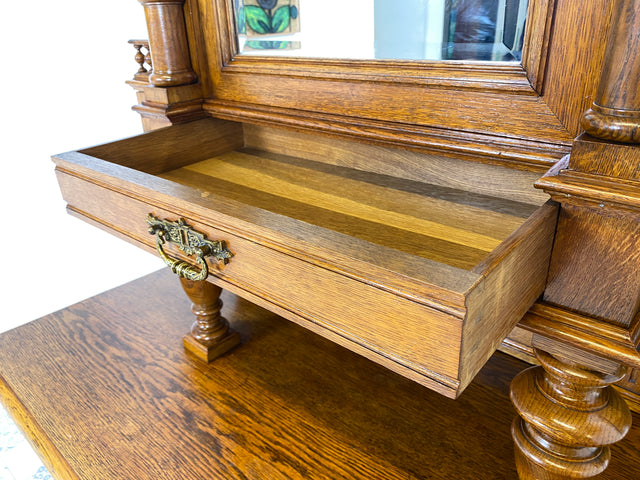 WMK Prachtvoller und gut erhaltener antiker Büffetschrank aus massivem Eichenholz mit prunkvollen Messingbeschlägen, um 1900 # Anrichte Aufsatzbuffett Buffett Schrank Highboard Gründerzeit Vintage