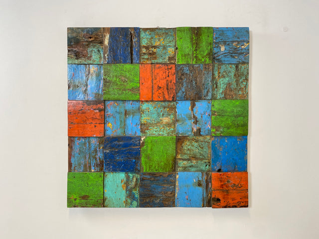 Boatwood by WMK # Großes Patchwork Wandbild 100x100cm, ein handgefertigtes Unikat aus recyceltem Bootsholz # buntes Holzbild Wandpaneel Kunstwerk Design Loft Bild Wanddekoration Mosaik Wanddeko Deko