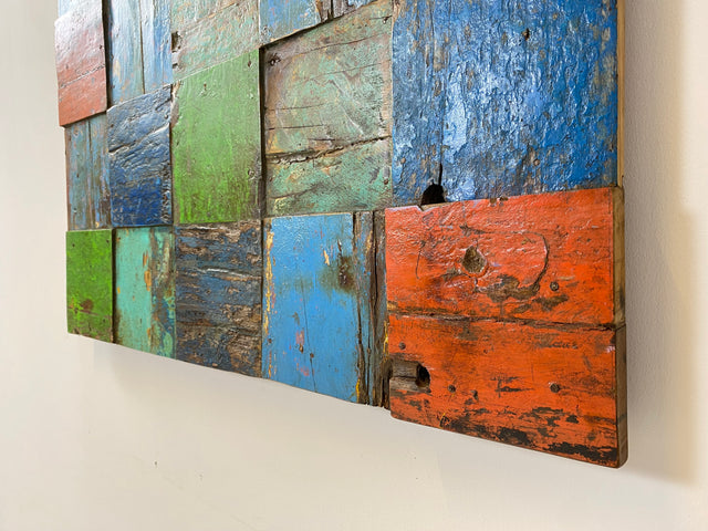 Boatwood by WMK # Großes Patchwork Wandbild 100x100cm, ein handgefertigtes Unikat aus recyceltem Bootsholz # buntes Holzbild Wandpaneel Kunstwerk Design Loft Bild Wanddekoration Mosaik Wanddeko Deko