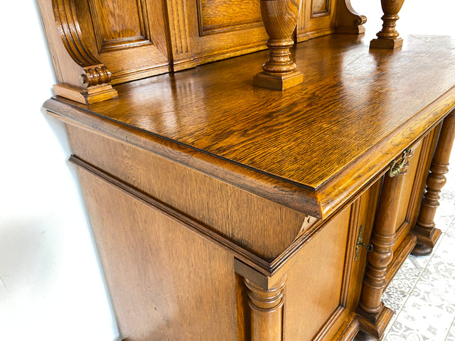 WMK Prachtvoller und gut erhaltener antiker Büffetschrank aus massivem Eichenholz mit prunkvollen Messingbeschlägen, um 1900 # Anrichte Aufsatzbuffett Buffett Schrank Highboard Gründerzeit Vintage