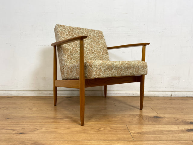 WMK 1/3 Stilvoller und gut erhaltener Mid-Century Sessel mit Originalbezug mit Blumenmuster und edlem Holzgestell # Sessel Loungesessel Lesesessel Relaxsessel Mid-Century Wohnzimmer 60er Vintage Retro