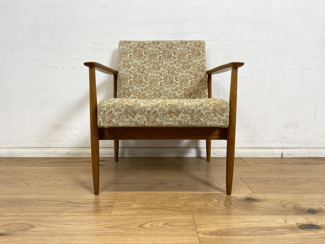 WMK 1/3 Stilvoller und gut erhaltener Mid-Century Sessel mit Originalbezug mit Blumenmuster und edlem Holzgestell # Sessel Loungesessel Lesesessel Relaxsessel Mid-Century Wohnzimmer 60er Vintage Retro